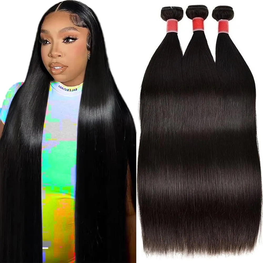 Human Hair Bundles Straight 12-32Inch Unprocessed Brazilian Hair Weave 3 Bundles Silky Black Hair Extensions Raw Quick Weave