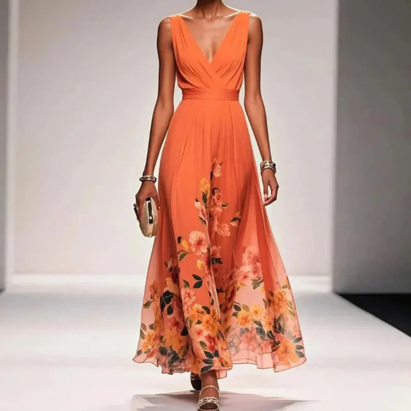 New Fashion Party Dresses Summer Women's Sexy Deep V Neck Floral Print Ruffle Sleeveless High Waist A Line Beach Dress Vestidos