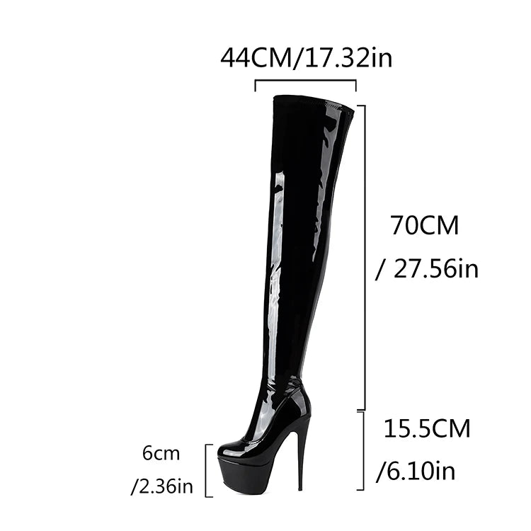 Plus Size Glossy Patent Leather High Platform Super High Thick Heel Over The Knee Boots Matte PU Zipper Warm Inside Long Boots
