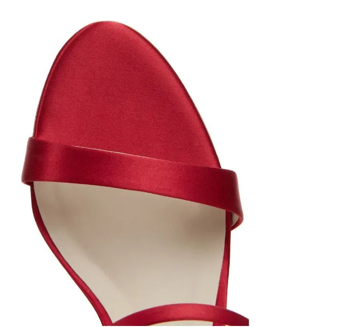 Red Silk Thin Straps Silver Frosting Beads Heels Sandals Wedding High Heels Cutout Open Toe Metal Beading Heels Banquet Shoes