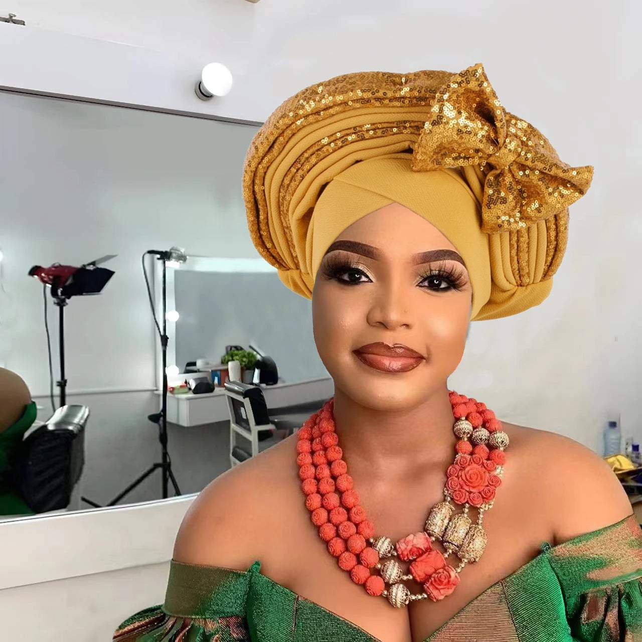 Sweet Bowknot Auto Gele Headtie for Women African Head Wraps Lady Party Headpiece Female Sequins Turban Cap