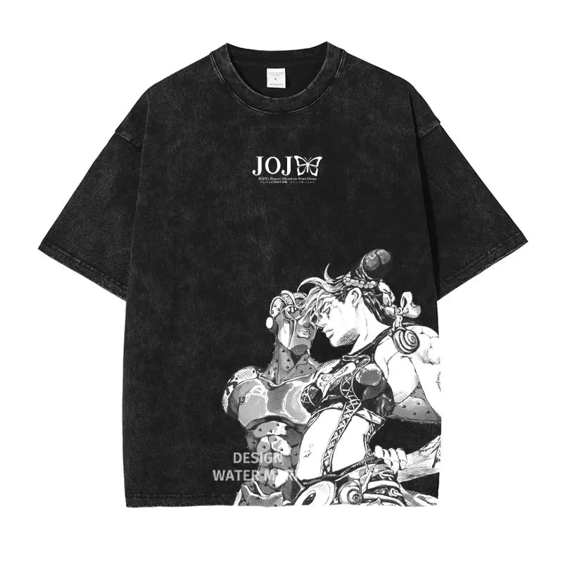 Anime JoJo's Bizarre Adventure Jonathan Joestar Gyro Print Tee Men Vintage Washed Tshirts Manga Cotton T-shirt Harajuku T Shirt