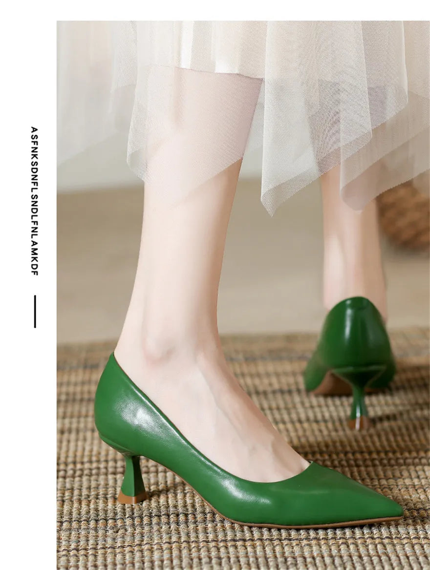 Soft Leather Concise Ladies Office Shoes 2026 Spring Shallow Comfort 6.0cm High Heels Women Pumps Dress Pointy Toe Wedding Shoes