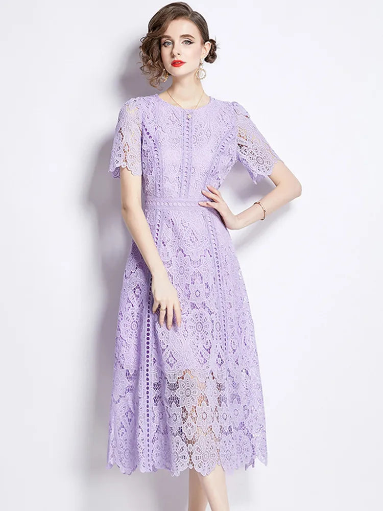 SMTHMA Vintage High-End O-Neck Short Sleeve Lace Hollow Out Dress For Women's Summer Slim Elegant Long Dress Female Clothing