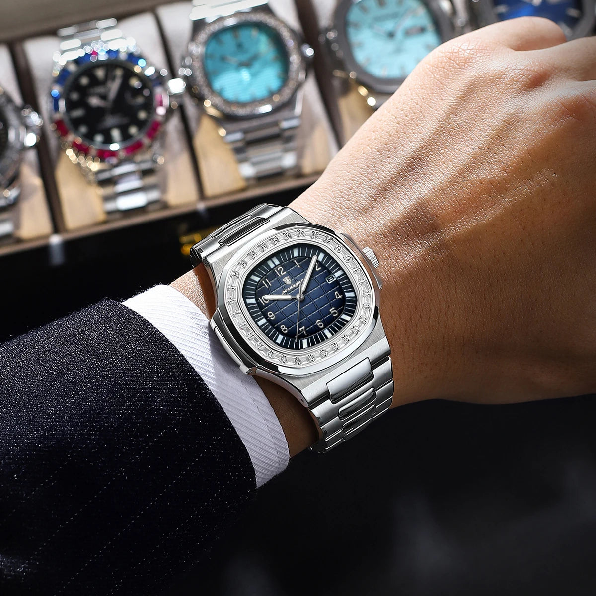 POEDAGAR Luxury Square Man Watches Waterproof Luminous Date Men Wristwatch Casual Male Clock Stainless Steel Men's Quartz Watch
