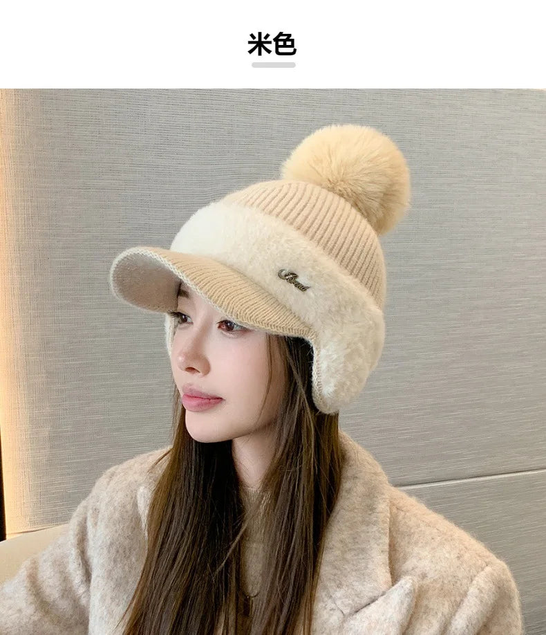 Winter Caps Patchwork Mink Fur Ear Protection Plush Hat Fashionable Solid Color Simple Wool Ball Knitted Hat For Women Cap BAZAARHUBO