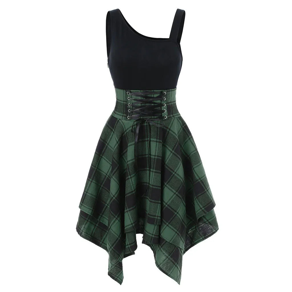 Elegant Classy Dresses For Women 2024 Sleeveless Cold Shoulder Cross Lace Up Plaid Print Irregular A-Line Dresses