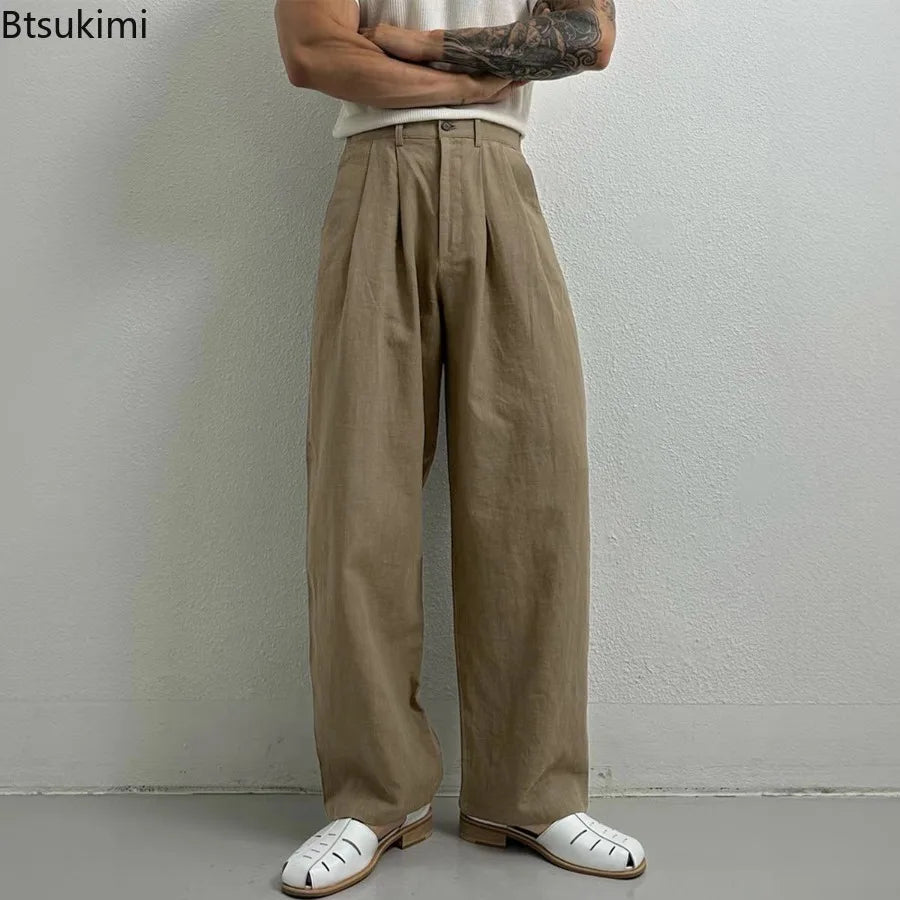 New Men's Cotton Linen Workwear Trousers Draped Wide Leg Pants Light Luxury Leisure Solid Straight Trousers Premium Sweatpants