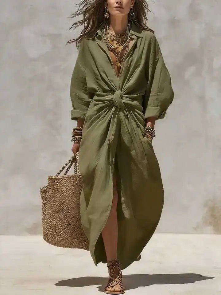Boho White Linen Cotton Shirt Dress Long Sleeve High Waist Knot Maxi Dress Casual Loose Split Hem Summer Beach Dresses for Women