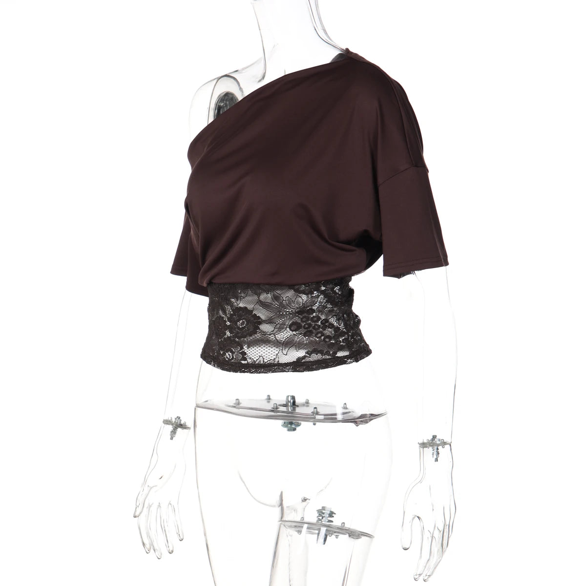 Dulzura Inclined Shoulder Short Sleeve Slim Lace Patchwork T-Shirt Women'S Vintage Sexy Casual Y2K Top Party Club Summer Clothes