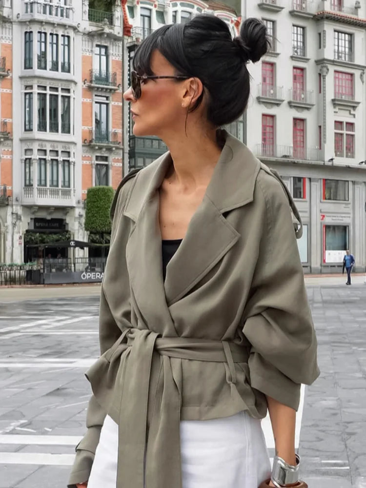 Lace Up Jacket For Women Casual Long Sleeve Turn Down Collar Autumn Outerwear