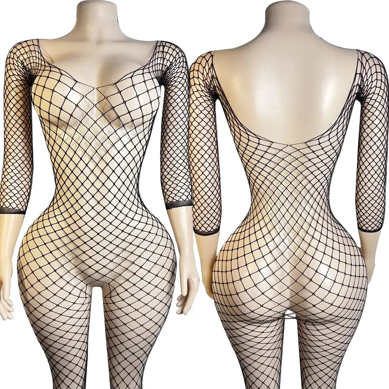 New Sexy Big Loophole Open Bras Body Suits Erotic Crotchless Lingerie Women Fishnet Hollow Dress Black Plus Size Underwear Sets