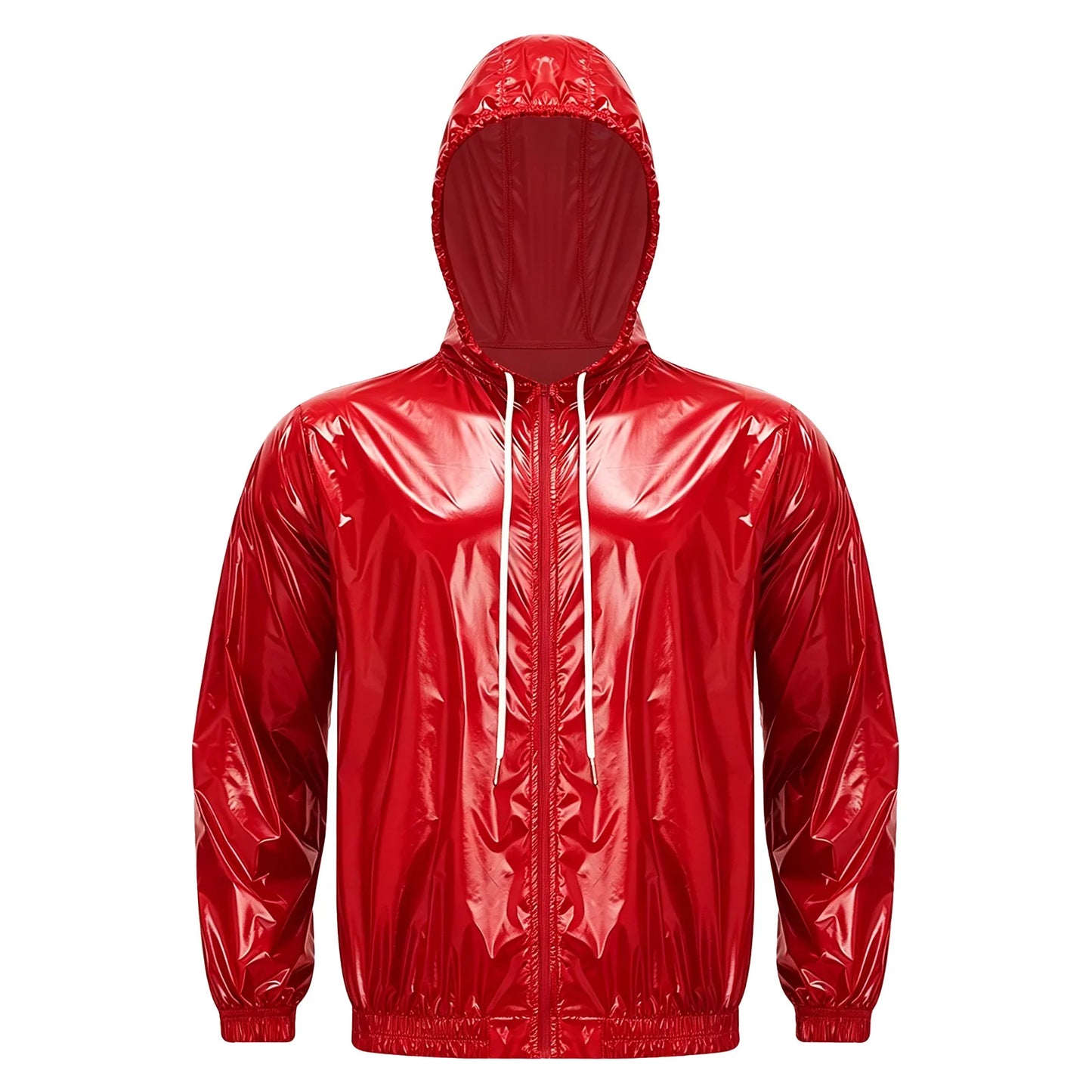 Men Shiny Glossy Hooded Jacket Windbreaker Raincoat for Hiking Fishing Biking Long Sleeve Front Zip-up Drawstring Hood Outerwear
