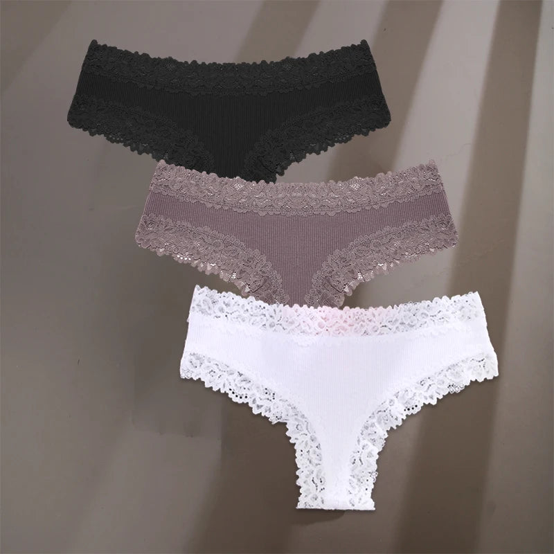 3Pcs/Set Sexy Lace Briefs Cotton Panties Women's Fashion 7 Solid Color Comfortable Briefs Low Waist Underpants Stretch Underwear