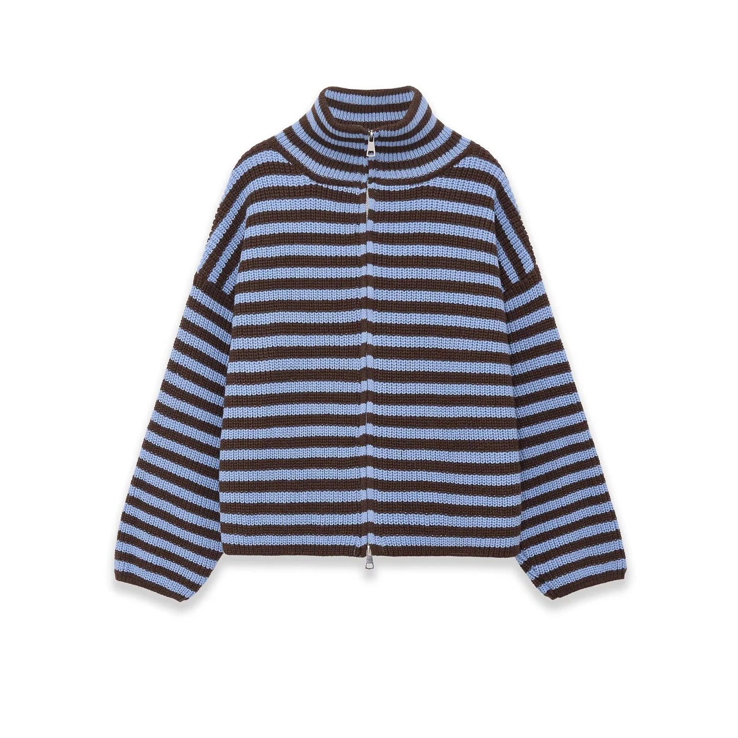 Spring New Arrivals Women's Loose and Lazy Style Sweater Cardigan Flared Lapel Long Sleeve Double Chain Stripe Knit Coat BAZAARHUBO