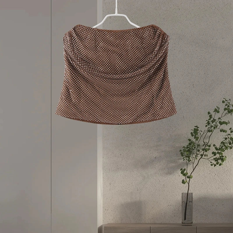 Sexy Rhinestone Strapless Vest Mini Skirt Sets Women Pleated Sleeveless Backless Tops Short A-line Skirts 2025 Summer Lady Suits
