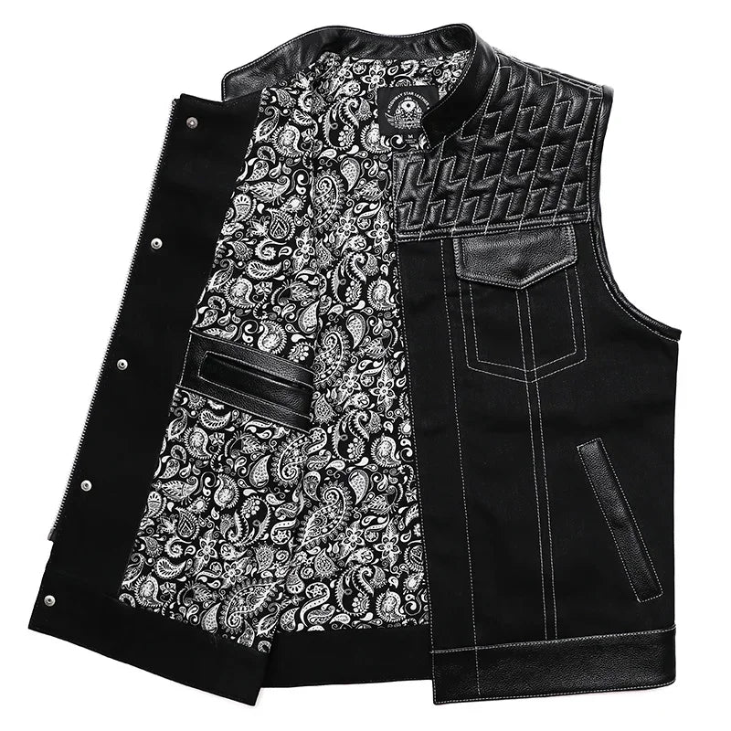 SOA Club Style Motorcycle Leather Vest Men Cowhide Denim Patchwork Waistcoat Sons of Anarchy Biker Vests Man Sleeveless Jacket