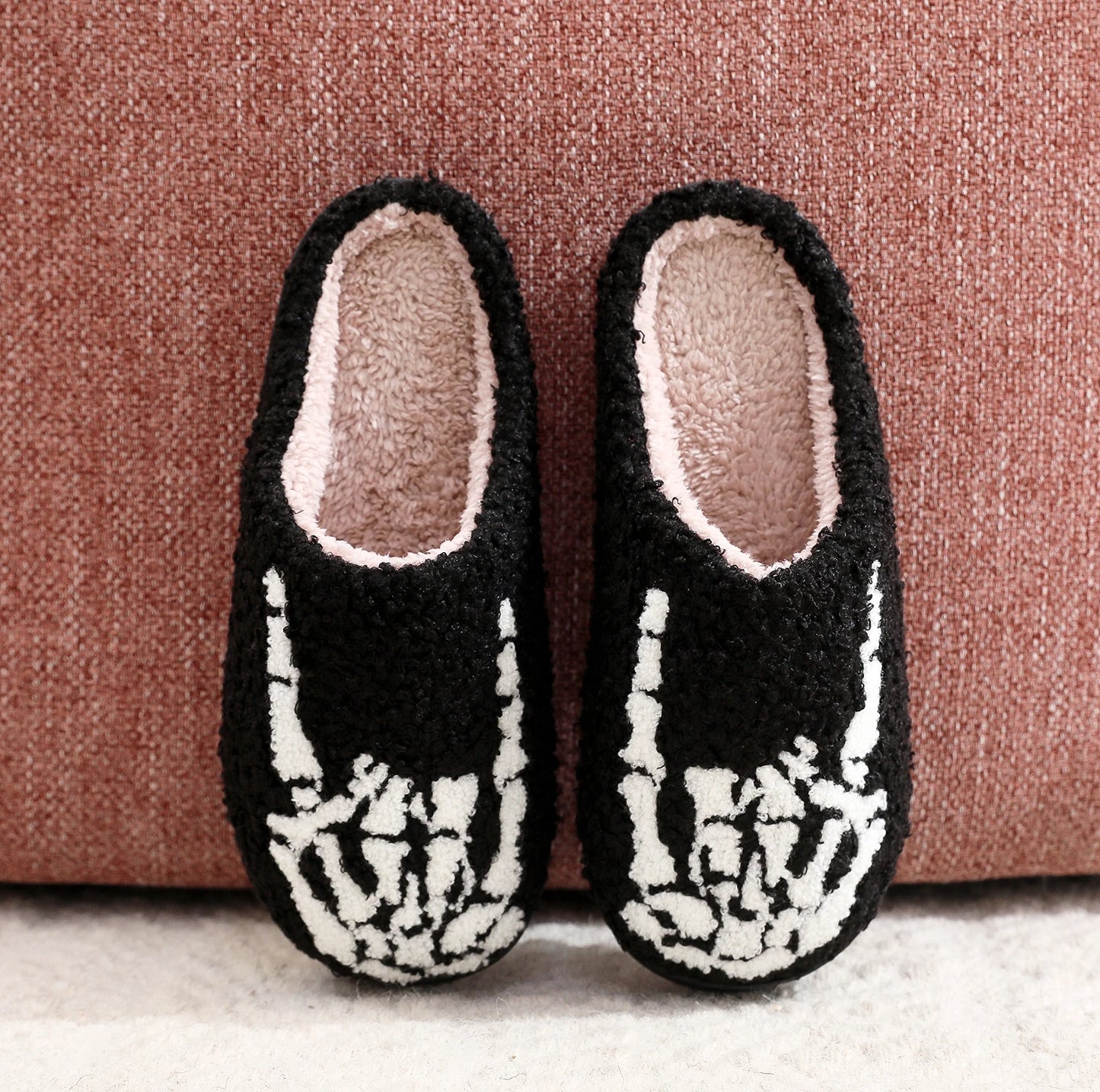 Skull Toe Pattern Personality Dark Style Embroidery stuffed Home Platform Cozy Fur Cotton Slippers Warm Non-slip Indoor Slippers Men Women Halloween Gift