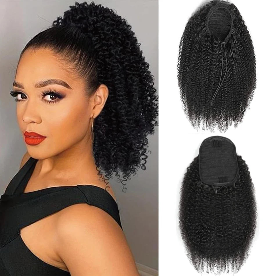 16A Curly Ponytail Extensions Deep Wave Drawstring Ponytail For Women Human Hair With Clip In Thick Ponytail Hair Natural #1B