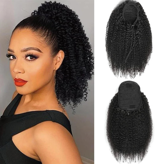 16A Curly Ponytail Extensions Deep Wave Drawstring Ponytail For Women Human Hair With Clip In Thick Ponytail Hair Natural #1B