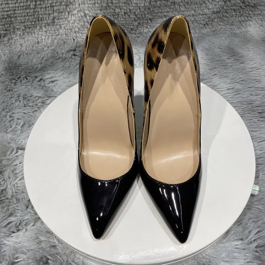 Leopard Patent Leather Women's Pointed Toe Stilettos Sexy Ladies Banquet Slip-On Pumps 8cm 10cm 12cm Party Shoes