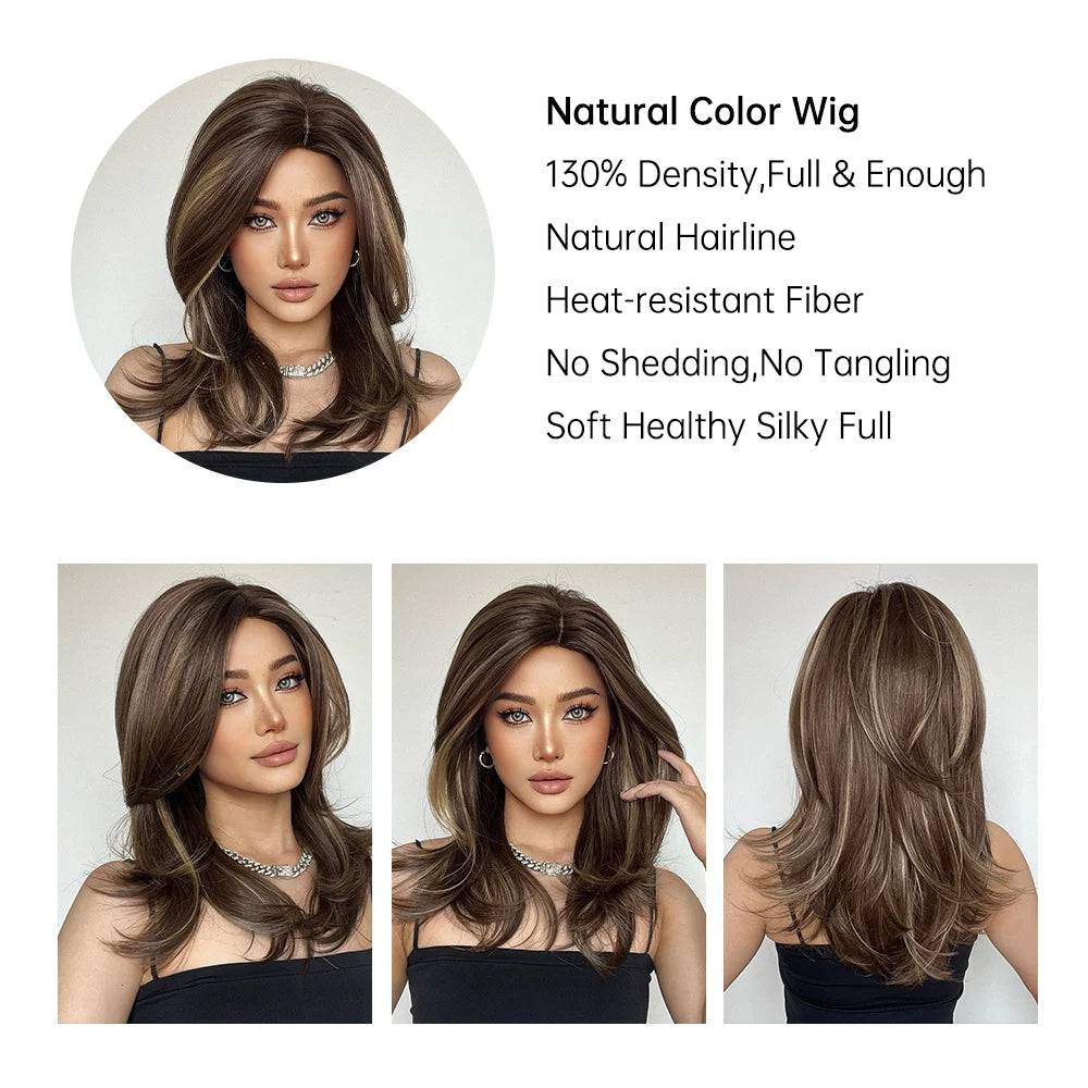 ELEMENT Synthetic Wig Medium Wavy Hair Ombre Brown Blonde Wigs for Women Daily Party Cool Heat Resistant Breathable Headband