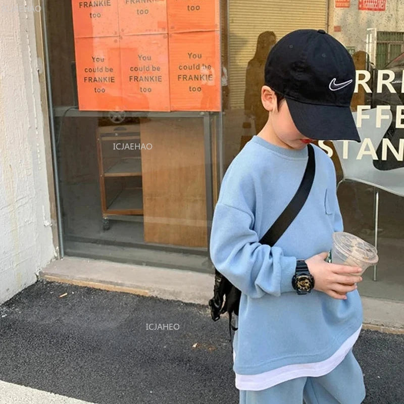 Children Fashion Clothes Suit Boys Casual Spring Sets Costume Kids Solid Colour Sweatshirts+Pants 2Pcs Simplicity Autumn Outfits