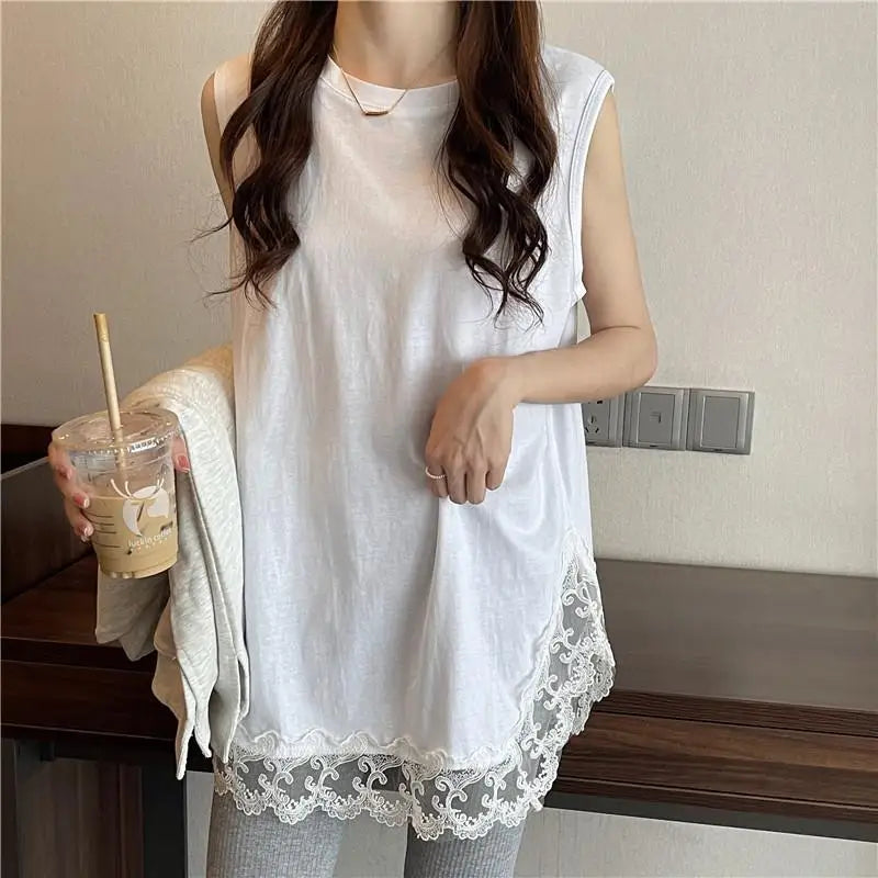 White Tanks Women Solid Lace Sleeveless Loose Tops Leisure Daily Korean Fashion Ins Harajuku Summer Simple 3XL Trendy Basics