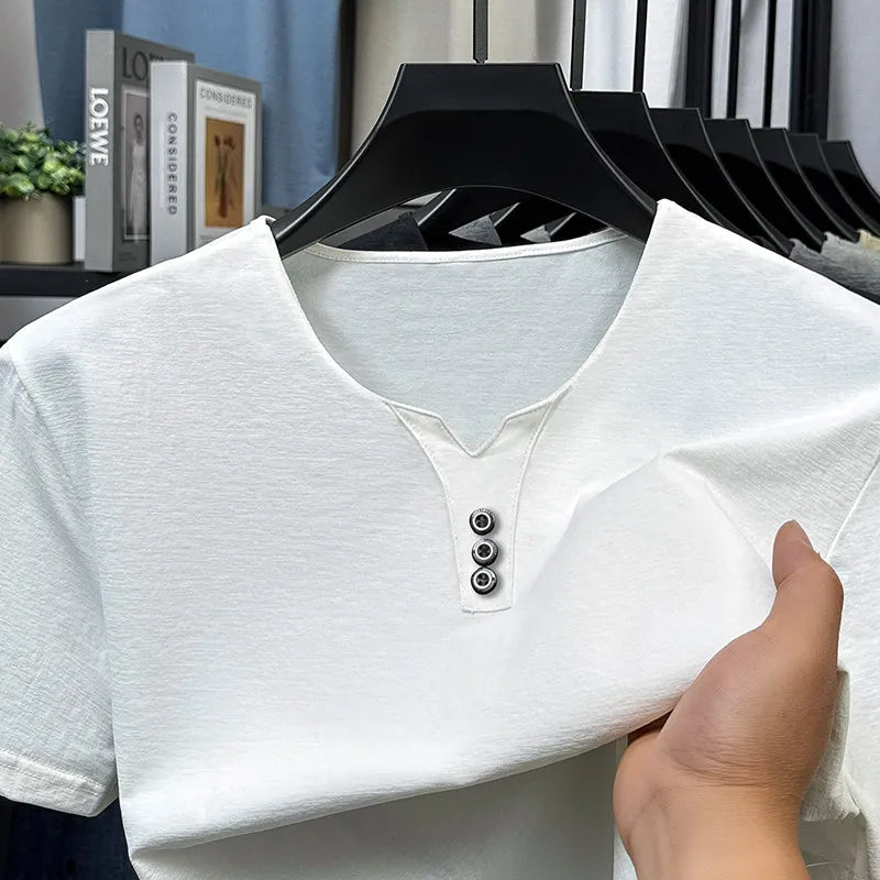 2025 New Men's Business Casual Three Button V-neck Short Sleeved T-shirt Korean Style Summer Comfortable Versatile Top