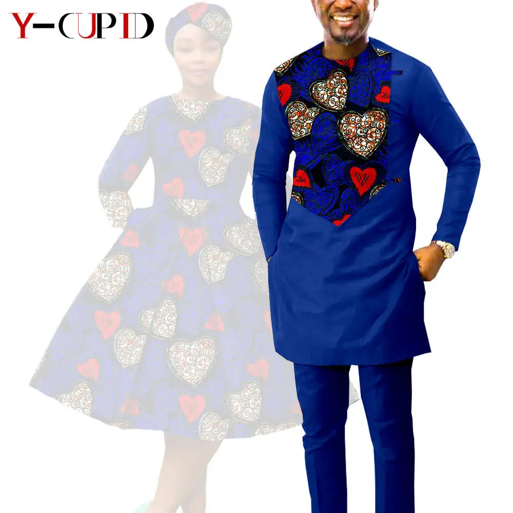 African Print Dresses for Women with Headwrap Matching Couple Outfits Dashiki Men Long Sleeve Pathwork Top and Pant Sets Y23C004