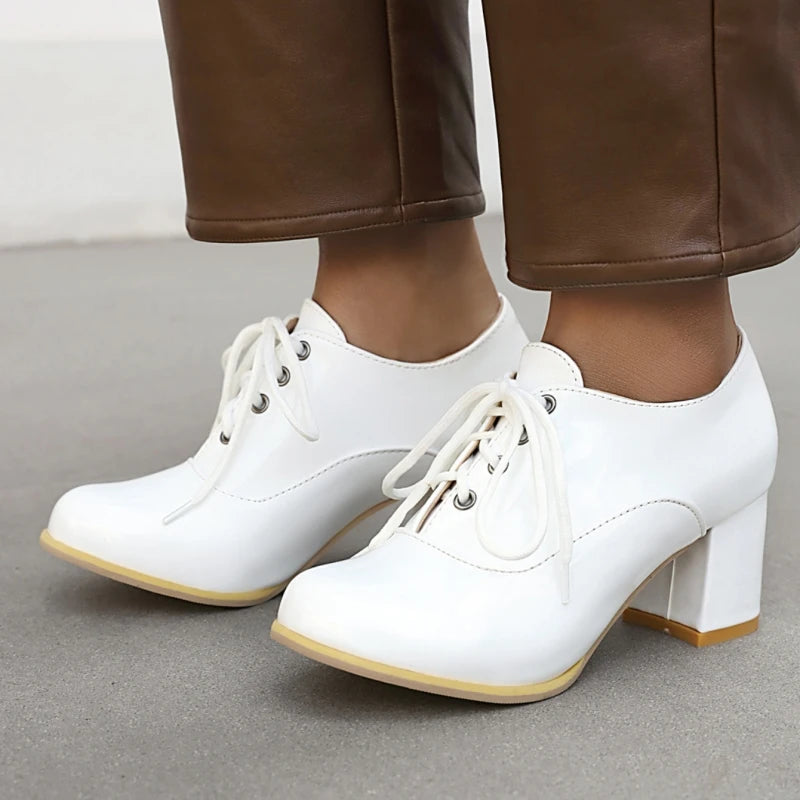 Women's Purple High Heels Loafer Shoes Fashion Lace-up Black White Block Heeled Party Wedding Office Shoes Female Big Size 45