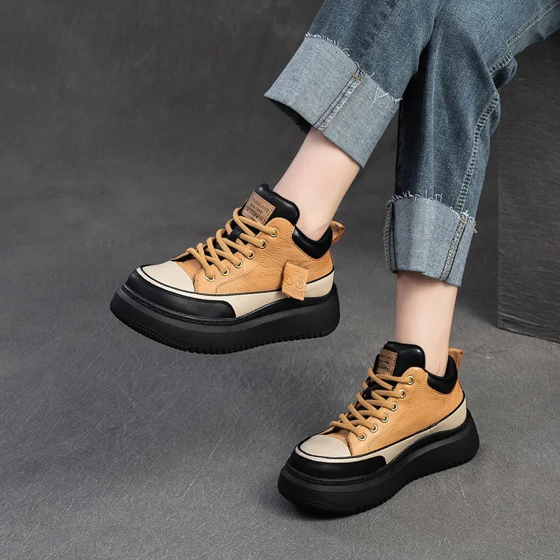 Myjyjz 4.5cm Cow Genuine Leather Women Spring Platform Wedge Flats Chunky Sneakers Lace Up Autumn Loafer Vulcanize Shoes Rubber