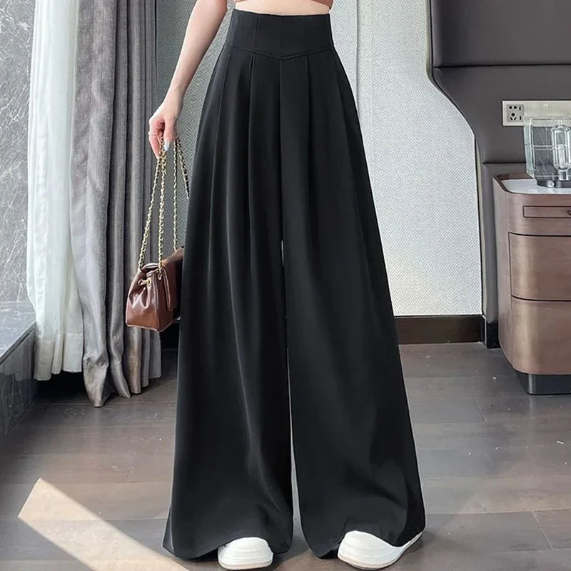 Lady Korean Solid High Waist Pants Girls Fashion Wide Leg Suit Trousers Women Slim Fit Comfortable Daily Slacks