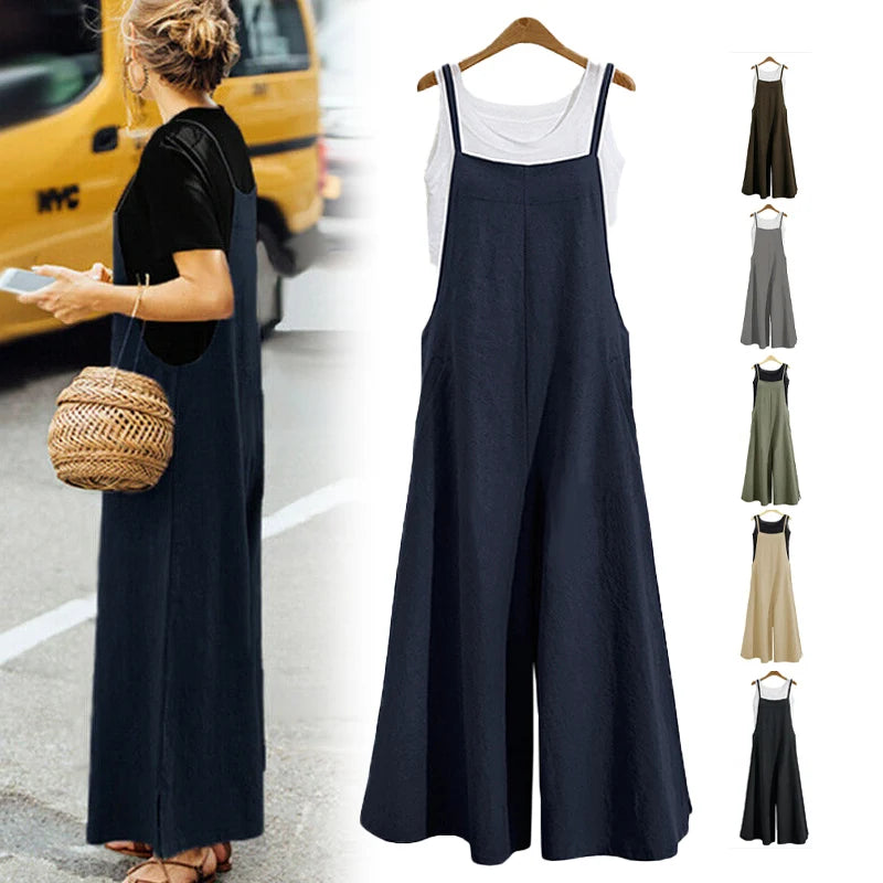 Women Loose Casual Playsuit Trousers Wide Leg Pants Overalls Baggy Romper Lady Chic Summer Sleeveless Cotton Loose Jumpsuits 5XL