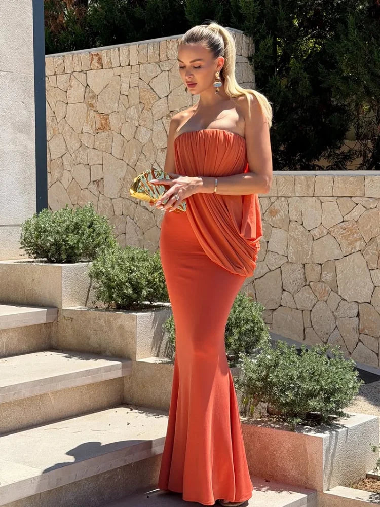 Resort Strapless Draped Mermaid Maxi Dress Cascading Diagonal Draped Bodycon Floor-length Robe Fashion Editorial Shooting Robes