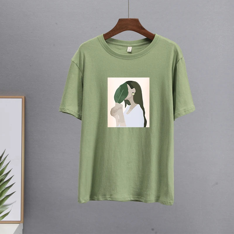 Hirsionsan Harajuku Printed T Shirt Women 2023 Summer Chic Tees 100% Cotton Elegant Graphic Clothes Loose Casual Pullover Tops