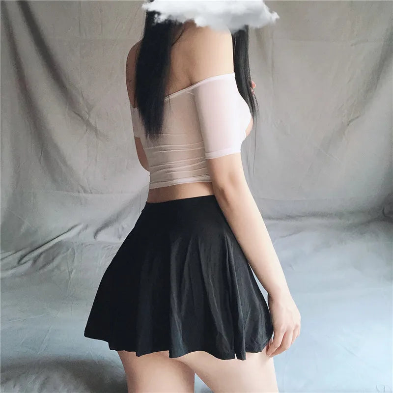 Sexy Pleated Skirts Women Flimsy Blouse See-through Sexy Bust Skirt Summer Solid Color Sexy Tempting High Waist A-line Skirt