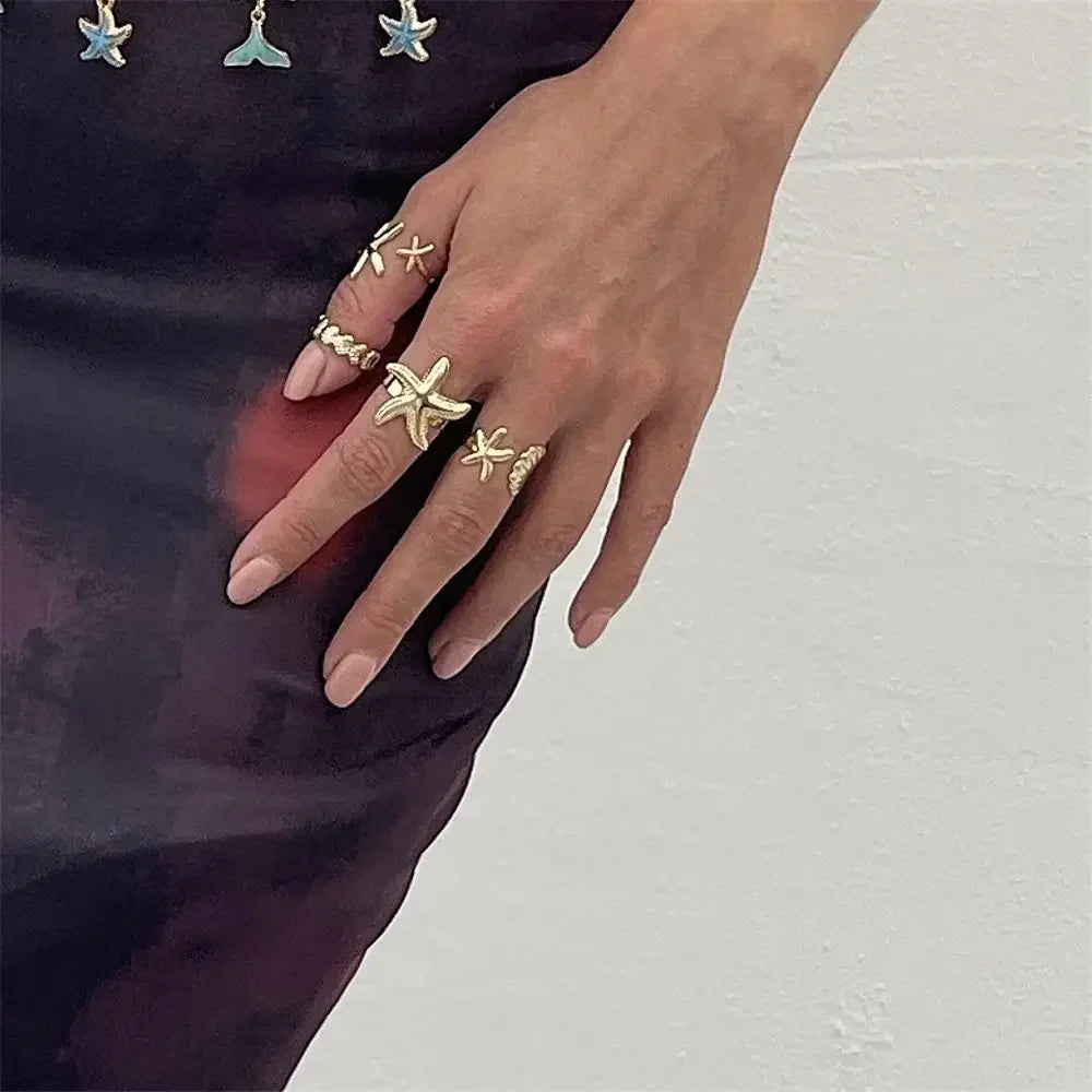Starfish Scallop Adjustable Open Rings Gold Geometric Design Rings for Women Vacation Style Irregular Beach Jewelry Accessories