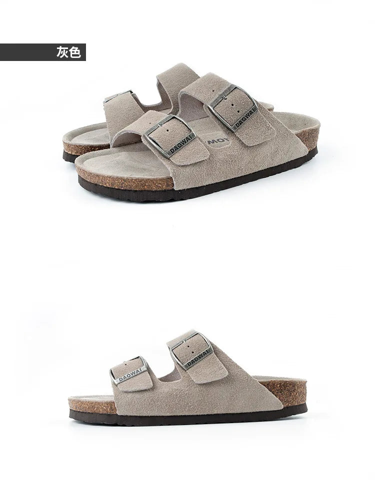 Genuine Leather Men Women Cow Suede Slippers Boy Girl Beach Slides Classic Cork Footbed Women Sandals  With Orthopedic Diabetic