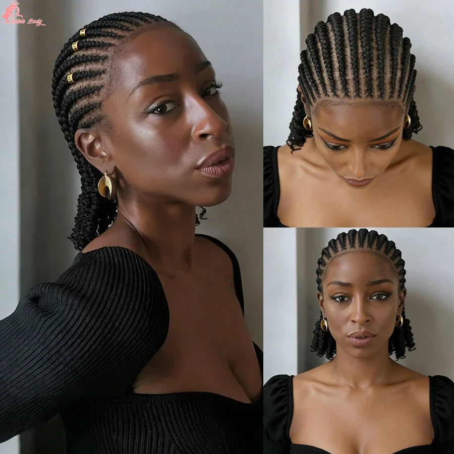 Short Bob Cornrow Braided Wigs Synthetic Full Lace Braids Wigs With Curly End For Black Women Handmade Knotless Box Braiding Wig
