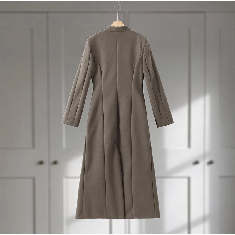 Elegant Long Coat Women V-neck Solid Slim Single-breasted Waist-closed Jackets Lady 2026 Spring Chic Female Streetwear