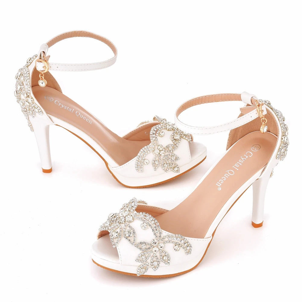 Women Wedding Shoes Bride Sandals White Rhinestones Silver Platform Dress Thin High Heels Ladies Pumps