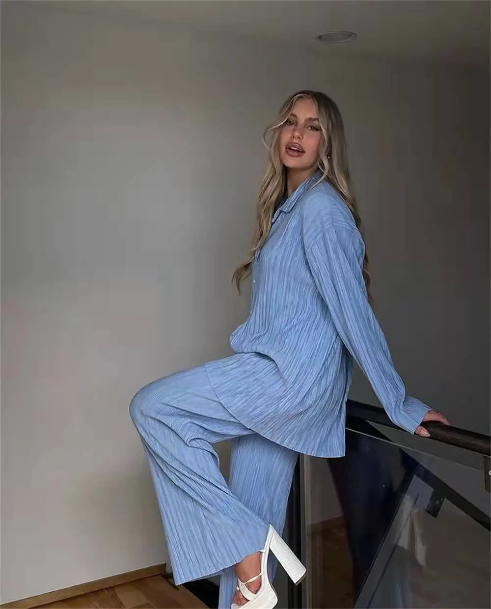 New Two Piece Set Women Outfits Pleated Women's Elegant  Drape Loose Sets Shirt High Waist Trousers Female Suit Fashion Casual