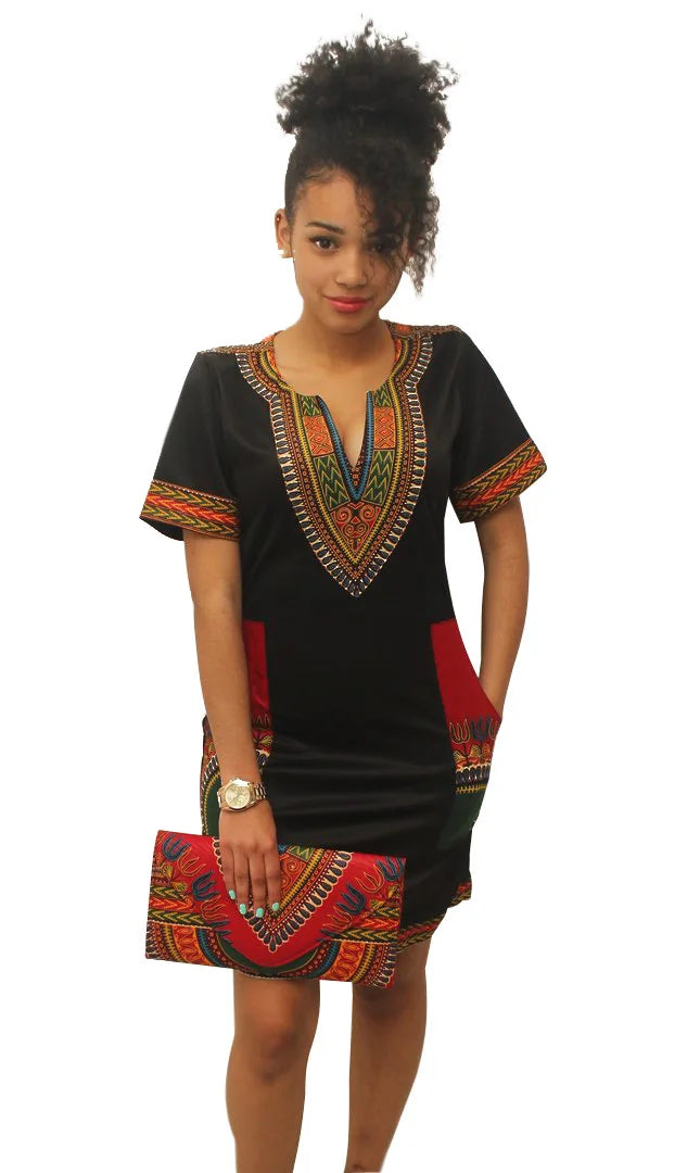 African Dresses for Women Summer 2022 Fashion Style African Women Short Sleeve V-neck Polyester Knee-length Dress