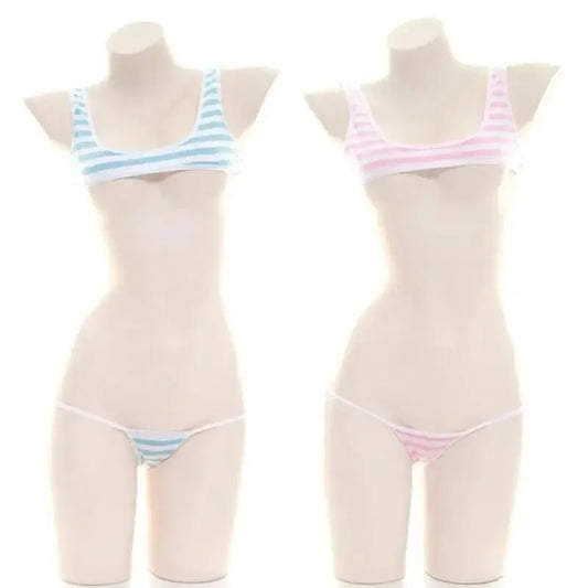 Sexy Japanese Style  Blue White Stripe Bikini Swimsuit Striped Halter Micro Bikini Set Love Female StudenLolita Kawaii Swimsuit