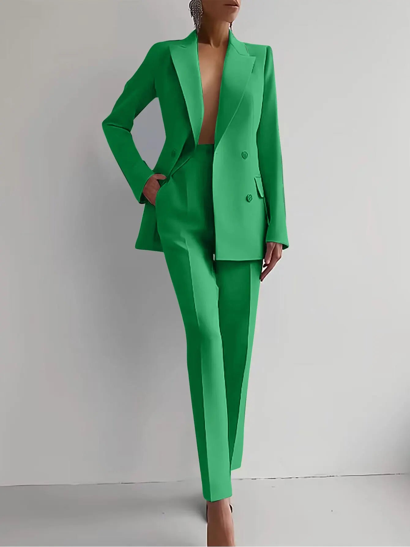 Spring Casual Long Sleeve Two Piece Blazer Pants Suit For Women Office Wear
