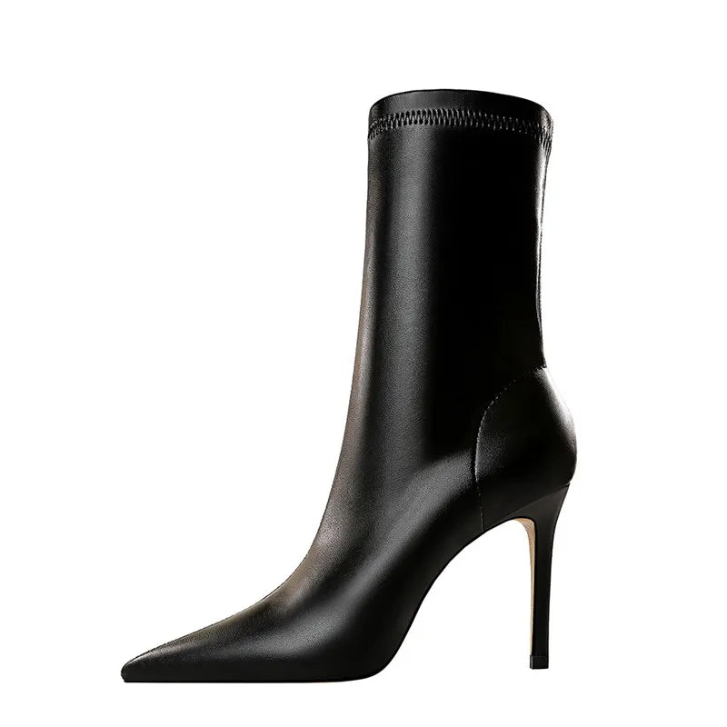 Eilyken Fashion Winter High Quality Soft PU Leather Socks Women Ankle Boots Street Style Pointed Toe Thin Heels Ladies Botines