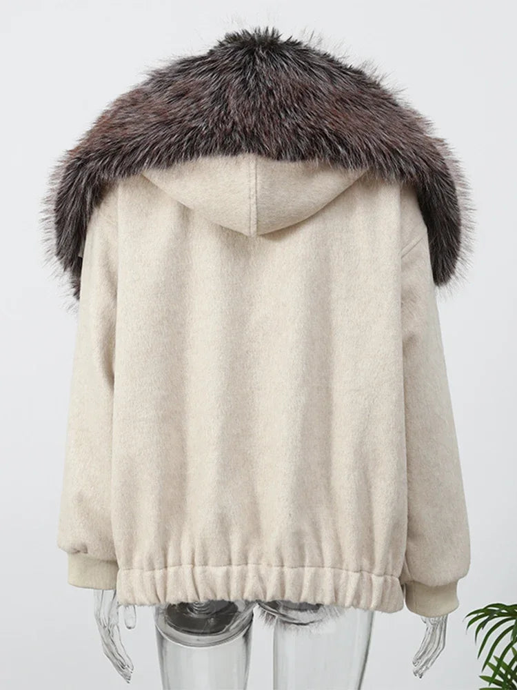 Chic Faux Fur Collar Patchwork Woolen Coat Women Casual Lapel Full Sleeve Zipper Loose Warm Coats Lady Commute Office Outerwears