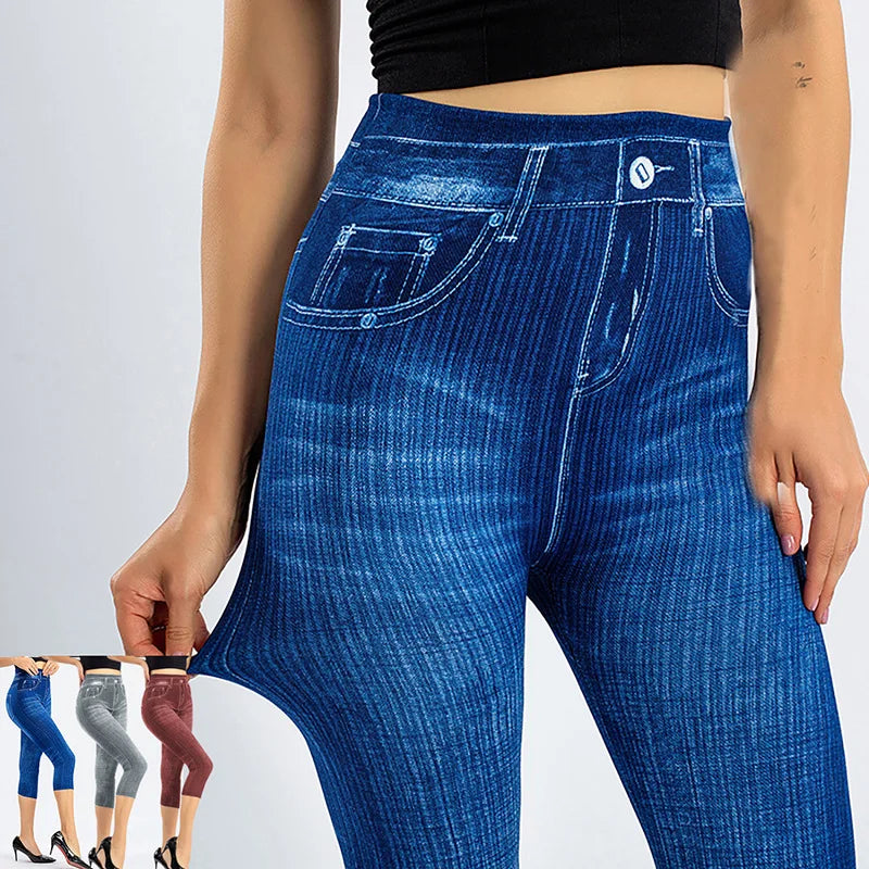 1pcs Womens Denim Print Leggings Female Fashion Slim Leggings Faux Jeans Leggings Lady Stretch Printed Leggins Pants Capri Pants