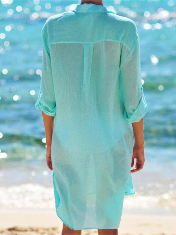 Sunscreen Bikini Cover-ups Summer Swimwear Shirt Women Swimsuit Beach Cover Up Boho Beachwear Solid White Dresses